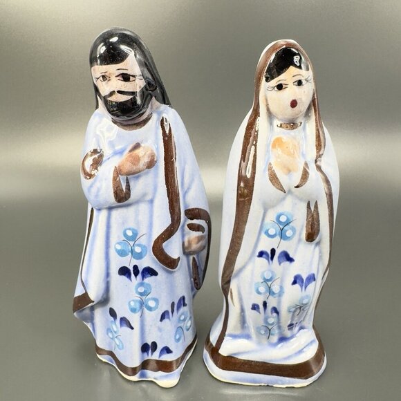 Vintage Mexican Pottery Hand Painted Blue Tonala Nativity Figurine Mary Joseph - Picture 1 of 6